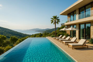 Fototapeta premium Modern villa with infinity pool overlooking serene landscape and ocean
