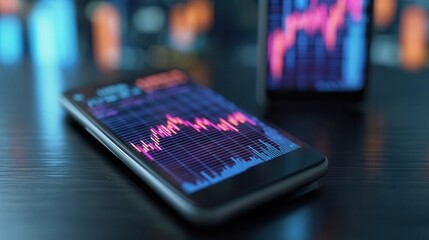 Smartphones Display Stock Market Trends With Vibrant Graphs in a Modern Workspace at Night