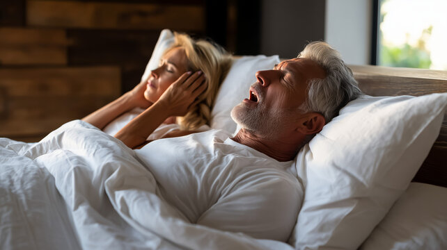 Couple in bed with one partner snoring loudly at night