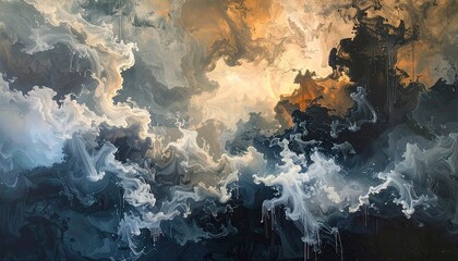 Abstract textured cloudy sky with orange and blue hues and bright sunlight breaking through