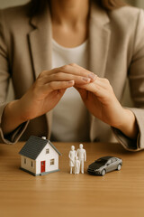 Concept of family protection with home and car insurance model