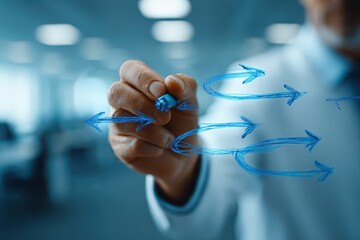 Drawing blue arrows on a transparent screen, symbolizing strategic direction.