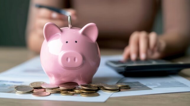 Saving Money and Budgeting With a Piggy Bank and Calculator on a Desk in a Home Office Setting