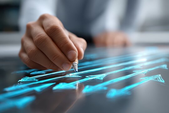 Hand drawing glowing blue arrows, symbolizing progress, innovation, and future. - Powered by Adobe