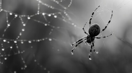 A spider skillfully weaves its web glistening with water droplets in a serene black and white setting.