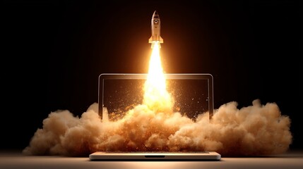 Dynamic rocket launch erupting from laptop screen ignites innovation and business growth with explosive energy and bright light