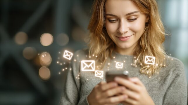 A woman with long hair smiles as she looks at her smartphone, intrigued by the notifications appearing on the screen. The setting is a bright and cozy indoor area.