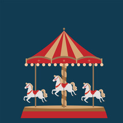 CAROUSEL WITH WHITE HORSES ON BLUE BACKGROUND. Illustration of a carousel with white horses. Festive and whimsical amusement park scene, perfect for children’s books, posters, greeting cards, prints © Kateryna