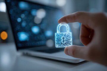 Hand holding glowing digital padlock over laptop, representing data security.