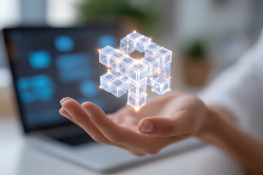 Hand holding futuristic glowing cubes representing digital data and technology, network.