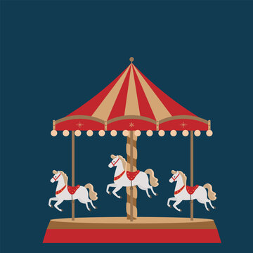 CAROUSEL WITH WHITE HORSES ON BLUE BACKGROUND. Illustration of a carousel with white horses. Festive and whimsical amusement park scene, perfect for children&rsquo;s books, posters, greeting cards, prints