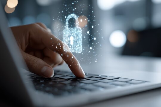 Cybersecurity concept: Hand on laptop keyboard with glowing digital padlock icon.