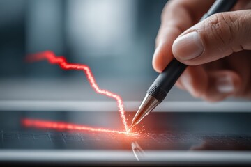 Hand drawing a glowing red declining trend line on a modern digital interface.