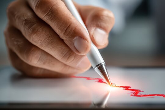 Close-up: Hand drawing a glowing red data graph on tablet with stylus.