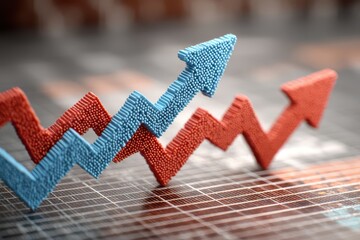 Dynamic textured 3D arrows on a grid, symbolizing market growth and success.