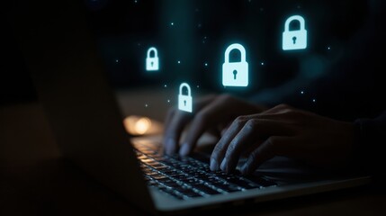Person Browses Laptop While Floating Holographic Password Icons Highlight Cyber Security Awareness in a Dark Setting
