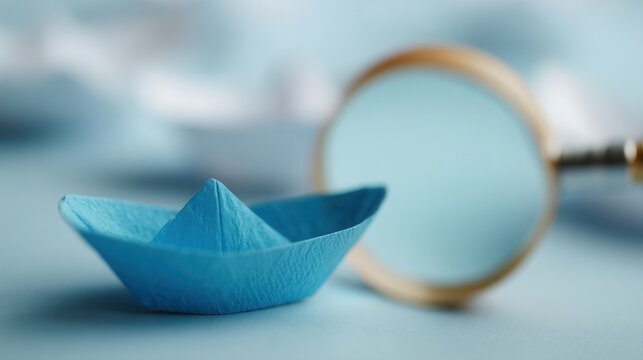 Small Blue Paper Boat and Magnifying Glass on a Light Blue Surface During a Creative Arts Session