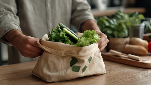 Medium shot focusing on hands placing recyclable materials into a biodegradable waste bag promoting green lifestyle choices.