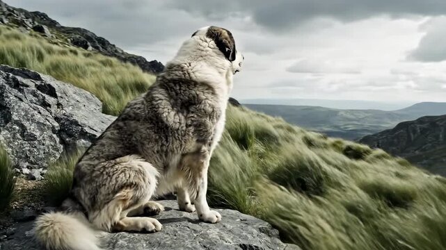 alibai | A large, fluffy dog sits majestically on a rocky outcrop, gazing into the distance with a scenic mountainous landscape featuring rolling hills and moody skies in the background