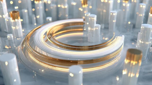 Abstract golden rings glowing bright amidst elegant translucent pillars.