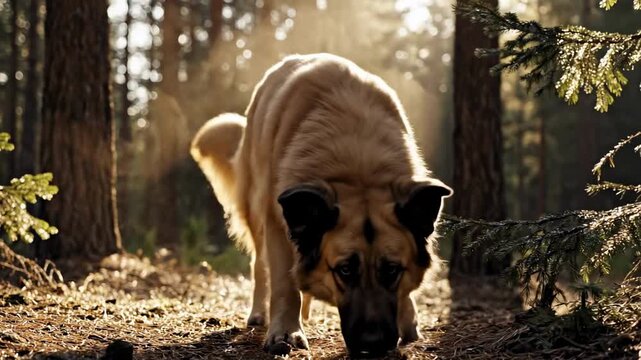 alibai | A golden retriever mix sniffs the forest floor, backlit by soft sunlight filtering through the trees, casting a warm glow and creating an enchanting atmosphere in nature