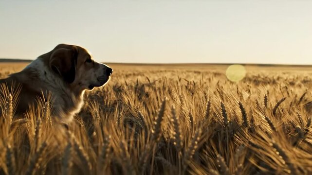 alibai | A serene dog gazes thoughtfully across a golden field of wheat, bathed in warm sunlight, creating a peaceful and contemplative atmosphere in nature's beauty