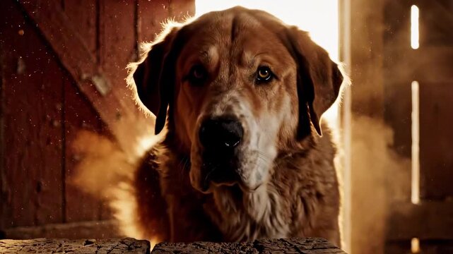 alibai | A loyal dog stands at the entrance of a rustic barn, framed by weathered wooden planks, with warm sunlight filtering through, casting a soft glow on its fur and the surroundings