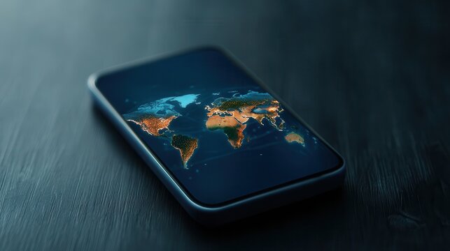 Modern Smartphone Displaying a World Map With Detailed Geographical Features and Lighting