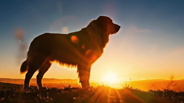 alibai | A majestic silhouette of a dog stands against a vibrant sunset, highlighting its features as the sun casts a warm glow over the landscape, creating a serene and peaceful atmosphere
