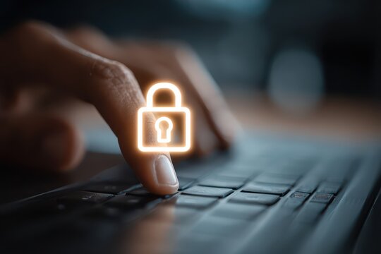 Hand typing on laptop with glowing padlock icon, symbolizing digital security and data protection.