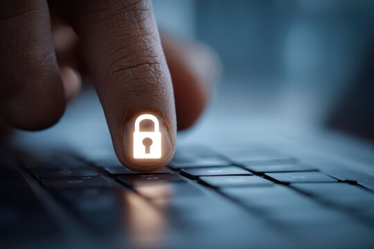 Finger on laptop key with glowing padlock, symbolizing digital security.