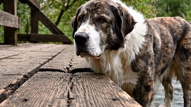 alibai | A large, fluffy dog with a mottled coat rests its head on a worn wooden dock by the water, surrounded by greenery, reflecting a serene and tranquil outdoor setting