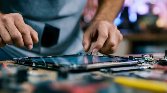 Skilled worker testing and upgrading a tablet devices screen and battery to extend its usability in a wellorganized repair station.