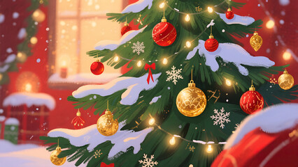 A festive Christmas tree decorated with golden and red ornaments, glowing string lights, and snow-covered branches in a warm holiday setting.