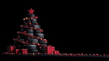 Creative Christmas tree made from tires with red ornaments and gifts displayed on a black background