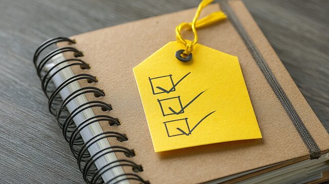 Master your tasks with this vibrant checklist tag attached to a clean notebook, signifying accomplishment and organization for success.