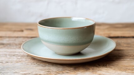 Fototapeta premium A delicate green bowl and matching saucer sit on worn wood hinting at a warm meal to come.