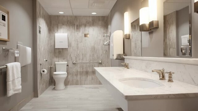 Medium shot of an accessible restroom designed with ample space grab bars and userfriendly fixtures ensuring convenience for all abilities.