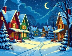 Beautiful Christmas illustration showing a colorful winter village under a starry sky. Cozy houses with warm lights, snow-covered trees, and holiday decorations create a festive and joyful atmosphere.