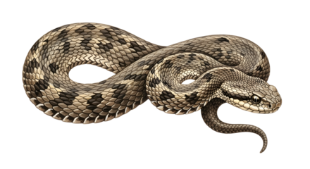 Close-up of a coiled rattlesnake with detailed scales and open mouth, isolated on white background, perfect for wildlife and nature projects