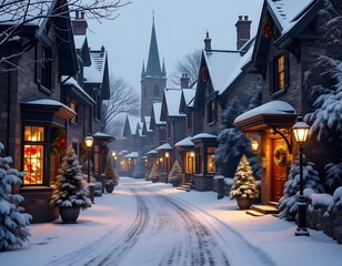 Charming snowy village street with Christmas lights and church tower
