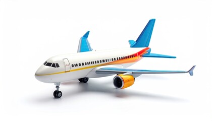 Fototapeta premium Detailed view of a commercial passenger airplane with white fuselage blue tail fins and orange and yellow accents on the wings isolated on a clean white background with soft lighting