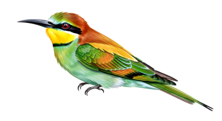 Colorful bee-eater bird with vibrant green, yellow, and orange feathers perched, isolated on white background, perfect for nature and wildlife projects
