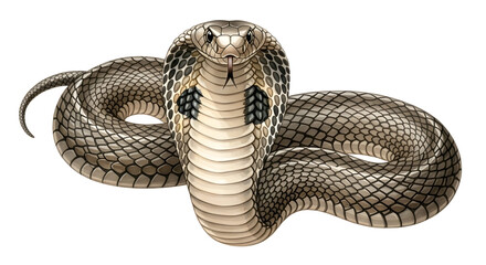 Detailed close-up of a coiled cobra snake with hood expanded on white background, perfect for wildlife and nature projects
