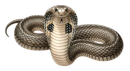Detailed close-up of a coiled cobra snake with hood expanded on white background, perfect for wildlife and nature projects