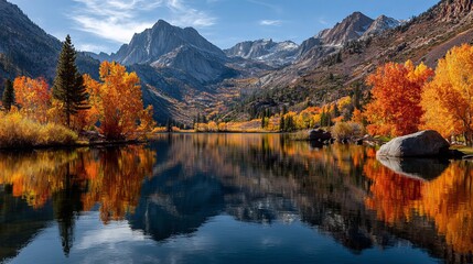 Stunning alpine lake reflects vibrant autumn trees and majestic snow-capped mountains under a clear blue sky