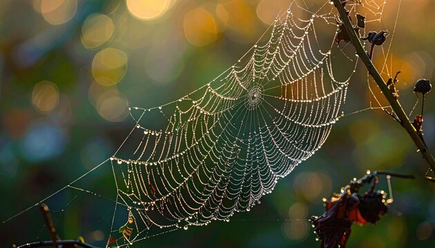 Dewdrops Adorn Spiderweb on Twig in Morning Sunlight with Golden Bokeh Background