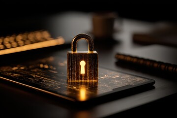 A glowing digital padlock symbolizing cybersecurity and data protection on a tablet.