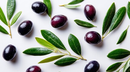 Fresh, plump black olives glistening with water droplets alongside vibrant green olive leaves on a clean white background, perfect for culinary and health content.