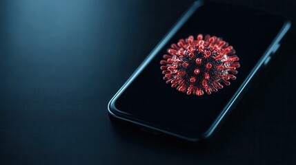 Smartphone Display Showing a Detailed 3D Model of a Virus With Red Spikes on a Dark Background